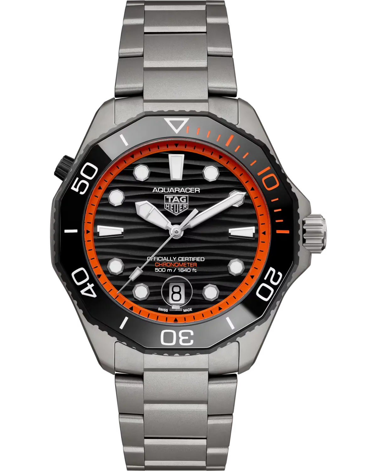 Front product photo of titanium Aquaracer with orange accents
